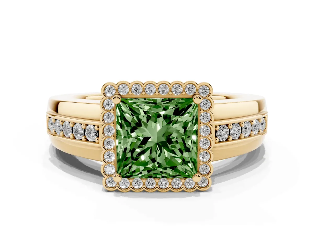 Fancy Green Princess Cut Cut Halo Pave Band Four-Prong Ring Yellow gold