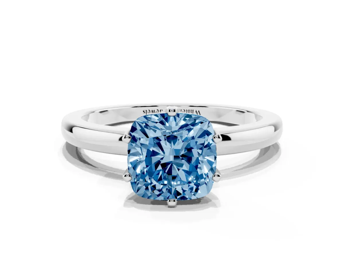 Fancy Blue Cushion Cut Solitaire Diamond Ring with Six-Prong Setting on a Classic Band Platinum