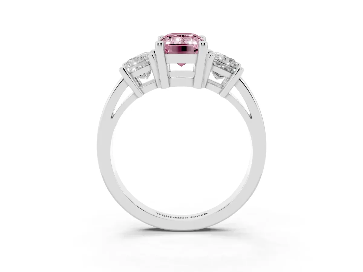 Fancy Pink Three-Stone Emerald Cut Cut Solitaire Ring with Prong Setting Silver