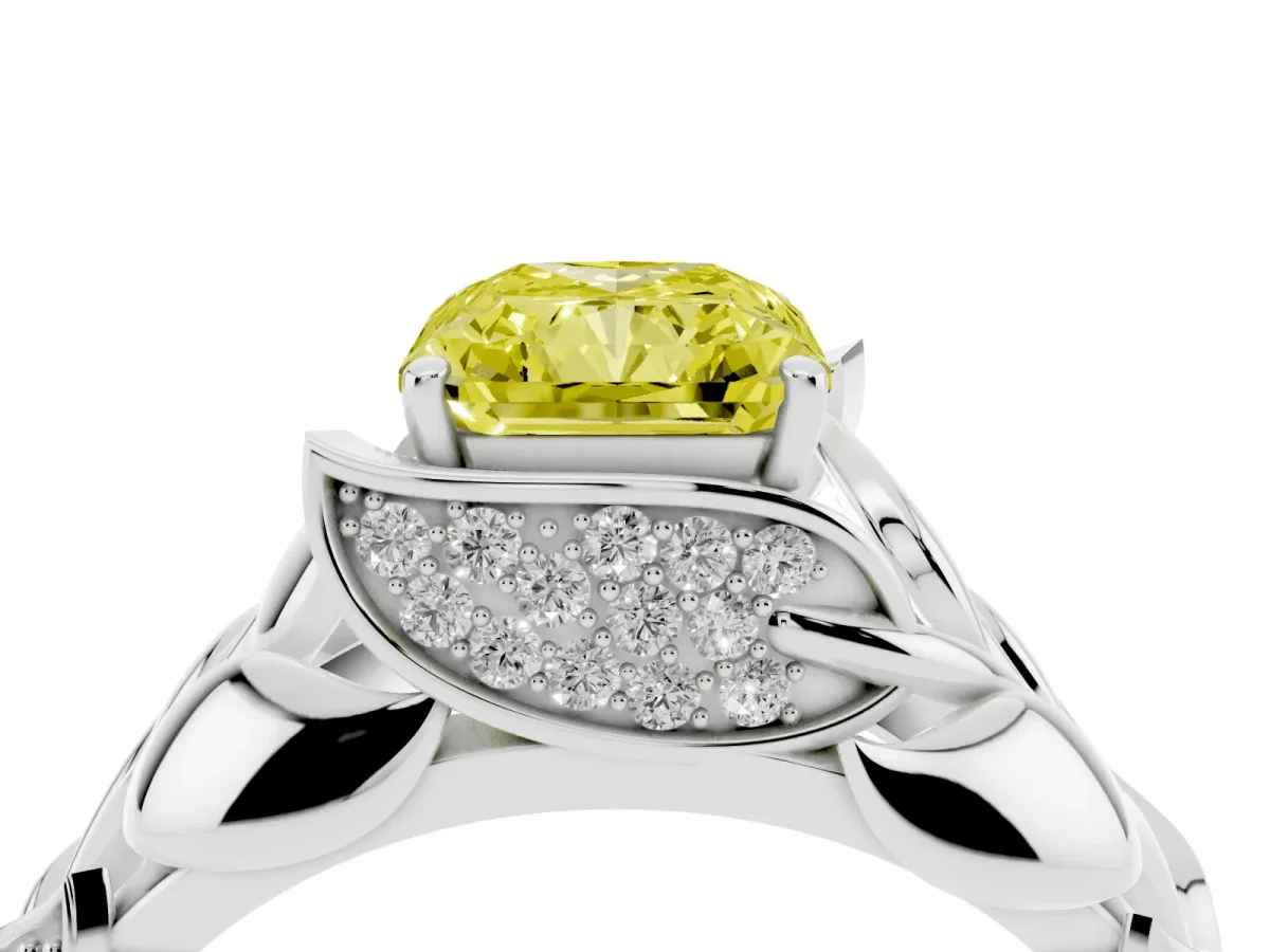 Fancy Yellow Radiant Cut Diamond Leaf-Inspired Engagement Ring with Round Accents and Prong Setting Silver