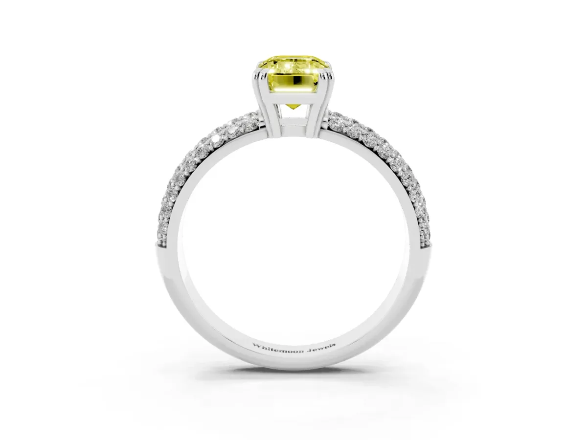 Fancy Yellow Emerald Cut Diamond Solitaire Ring with Multi-Row Round Pavé Band and Prong Setting Platinum