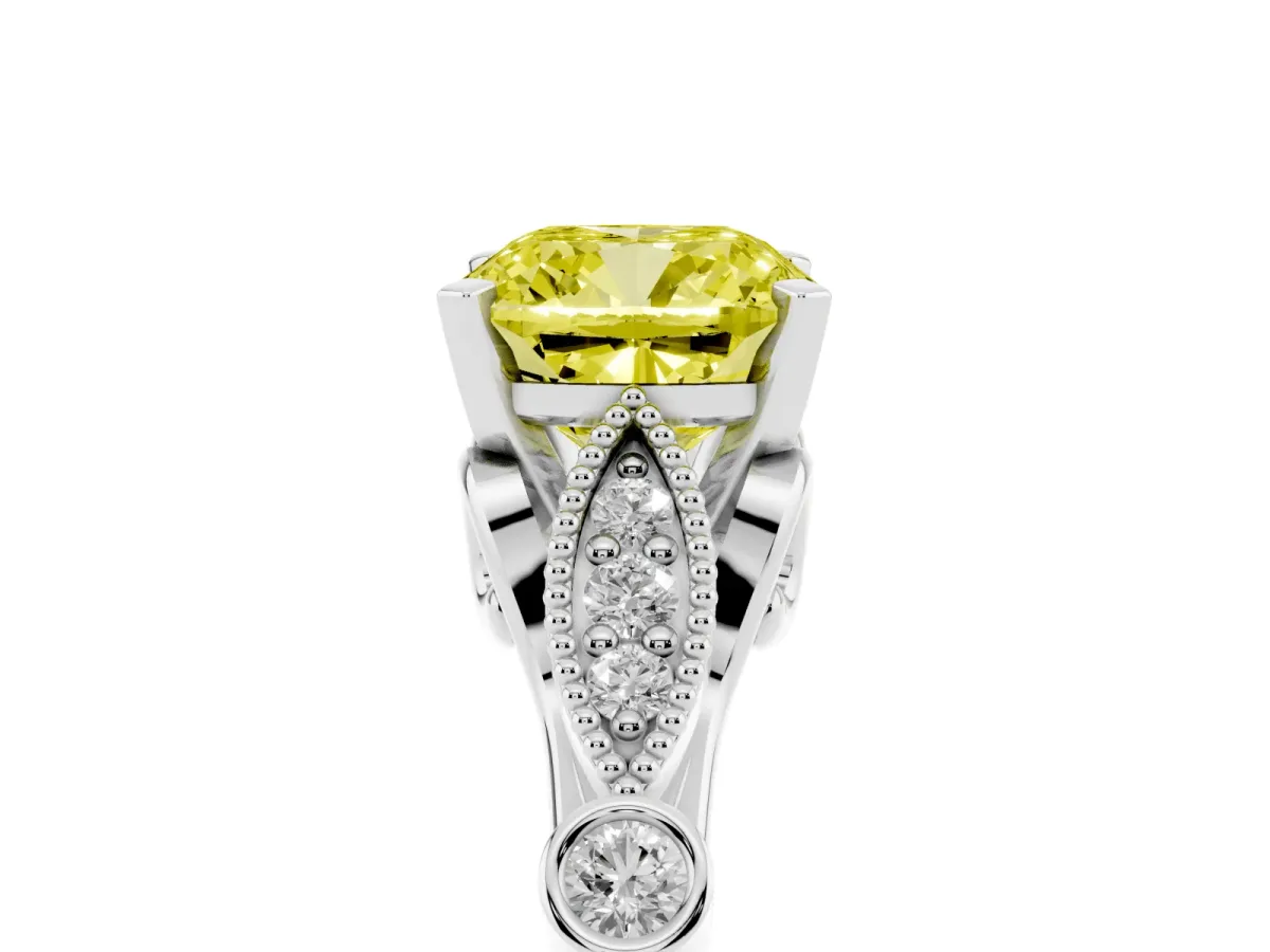 Fancy Yellow Cushion Cut Cut Diamond with Milgrain Marquise and Bezel Accents on a Solitaire Band with Prong Setting Platinum