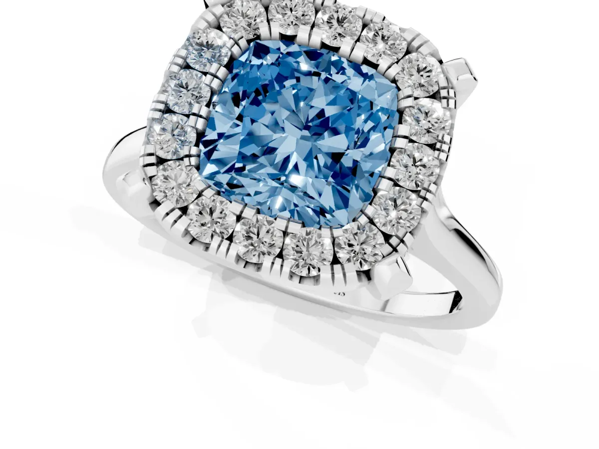 Fancy Blue Cushion Cut Diamond Cluster Halo Solitaire with Four-Prong Setting Silver