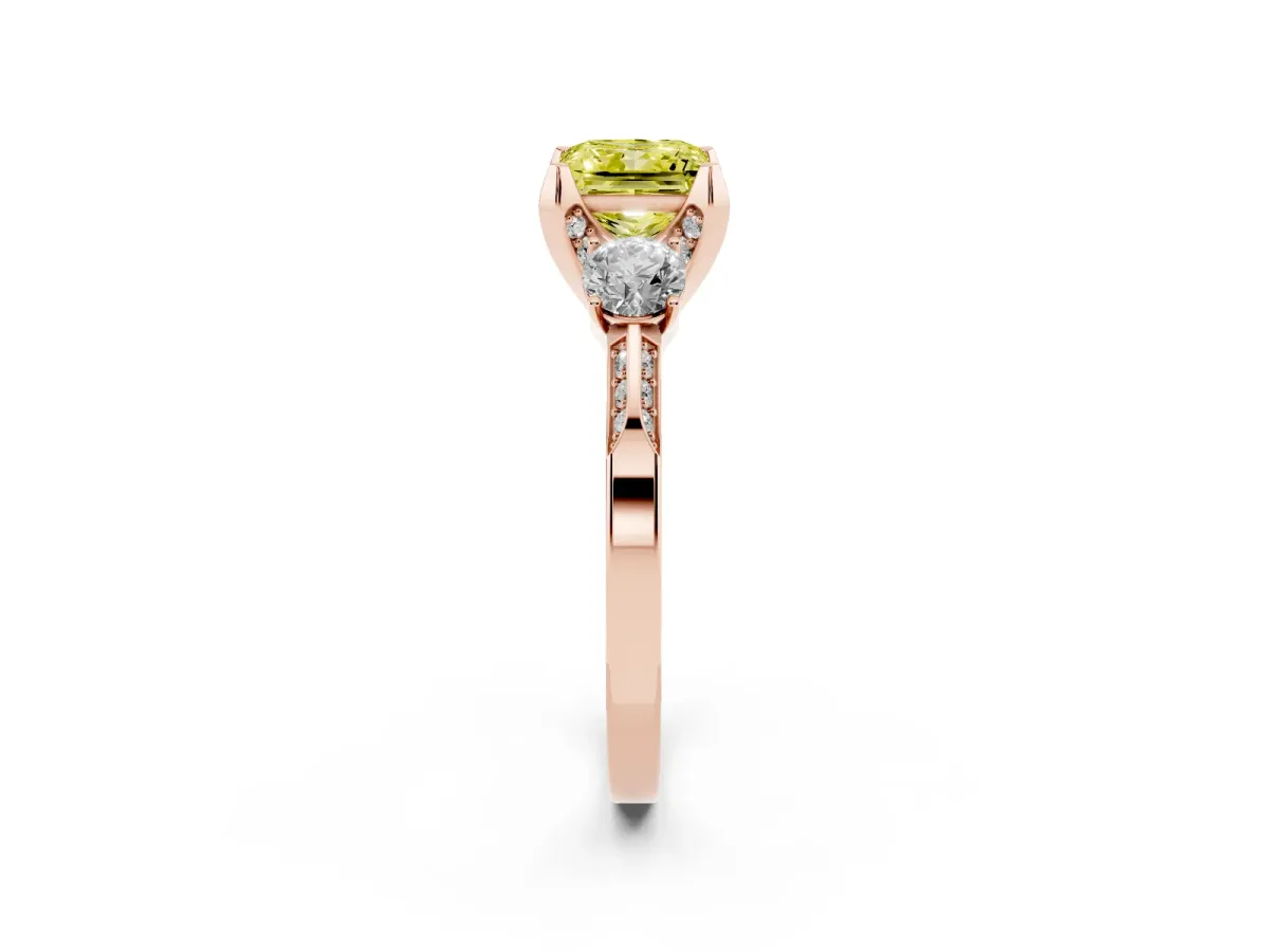 Fancy Yellow Princess Cut Brilliant Three-Stone Diamond Ring with Pavé Band and Four-Prong Setting Rose gold