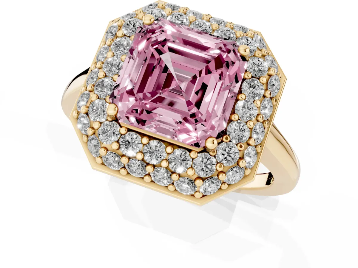 Fancy Pink Asscher Cut Halo Diamond Engagement Ring with Solitaire Band and Four-Prong Setting Yellow gold