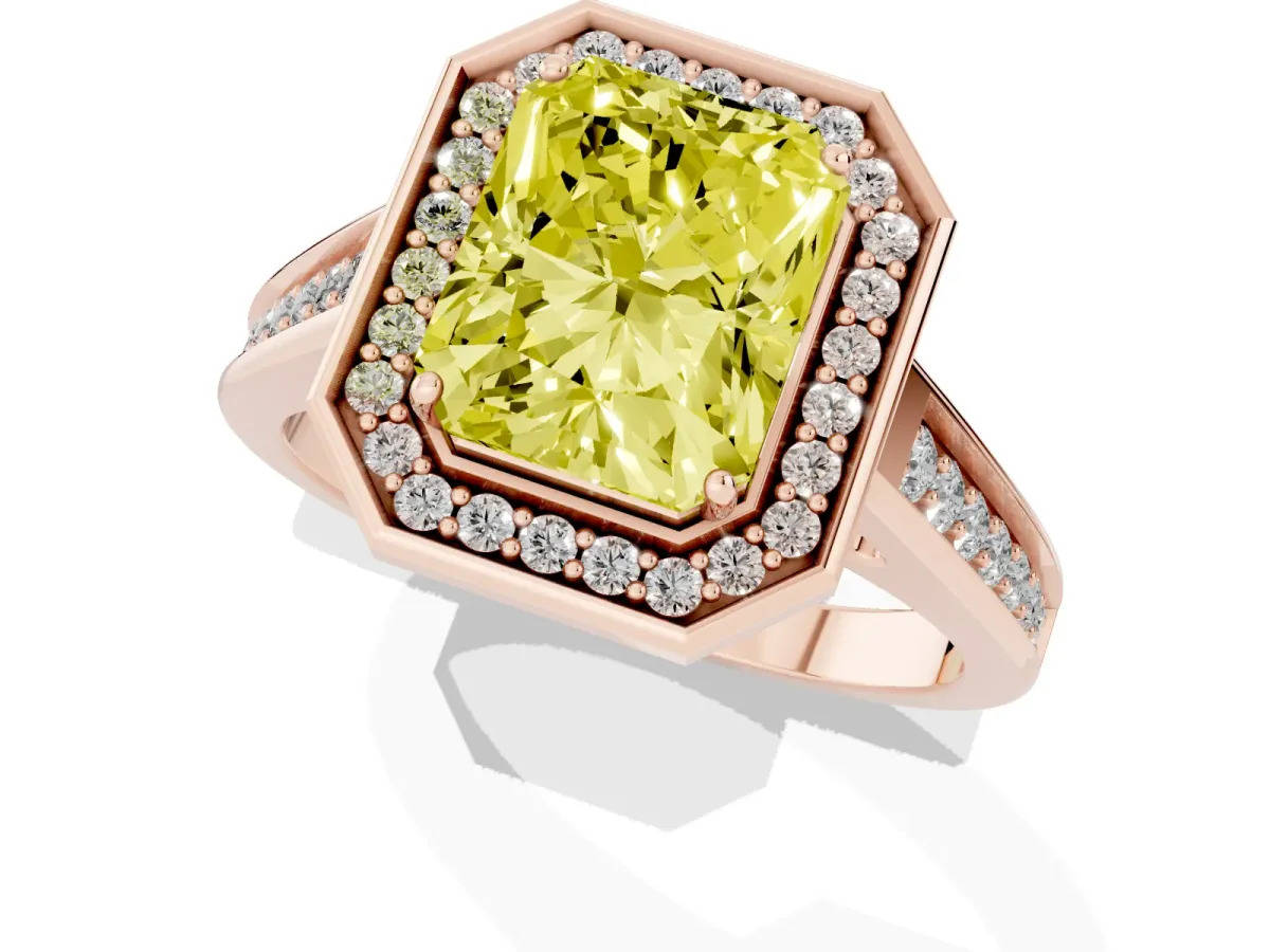 Fancy Yellow Emerald Cut Halo Solitaire Diamond Ring with Pave Band and Bezel Setting Rose gold
