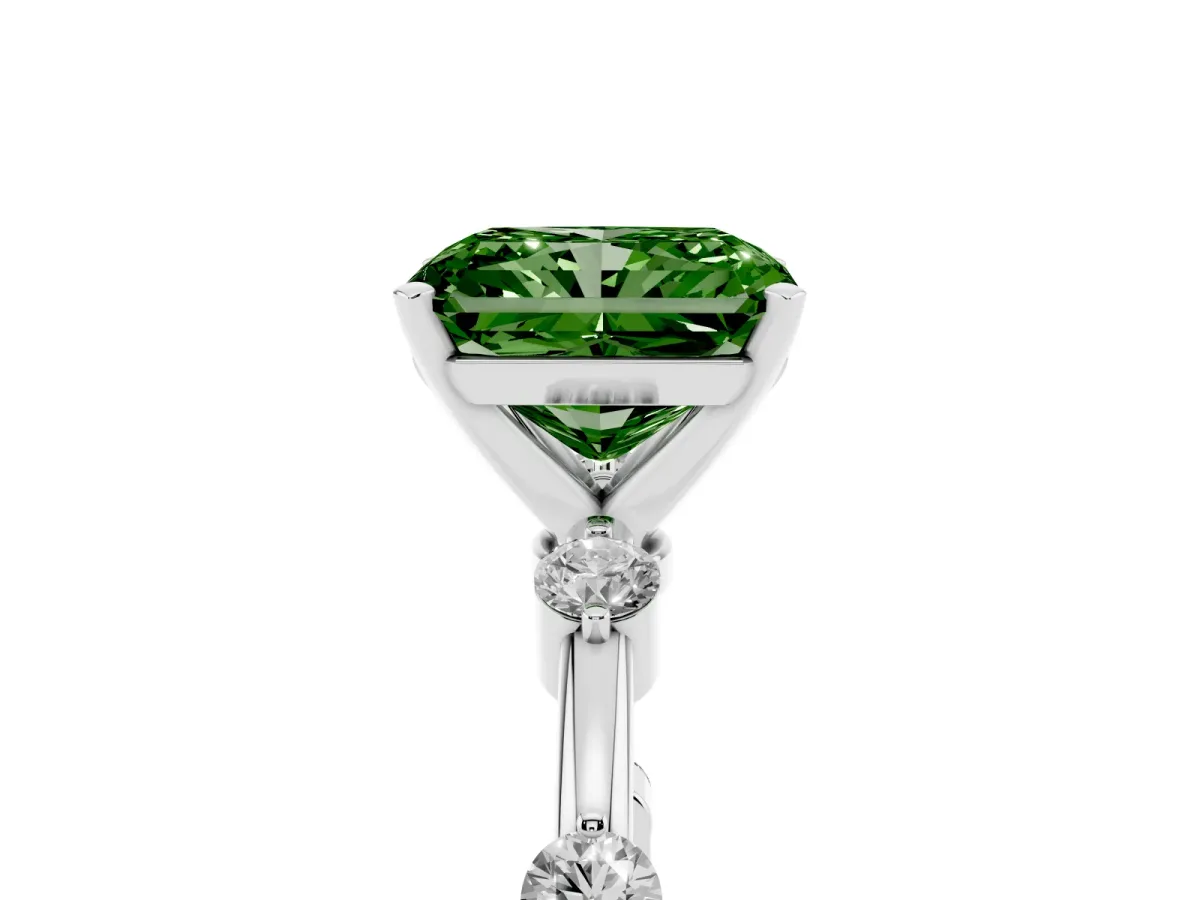 Fancy Green Radiant Cut Solitaire Diamond Ring with Bezel Set Side Stones and Prong Setting Silver