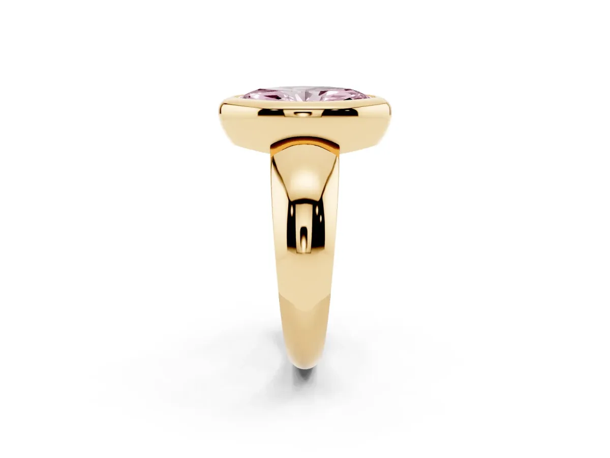 Fancy Pink Bezel Set Marquise Cut Solitaire Ring with Wide Band Yellow gold