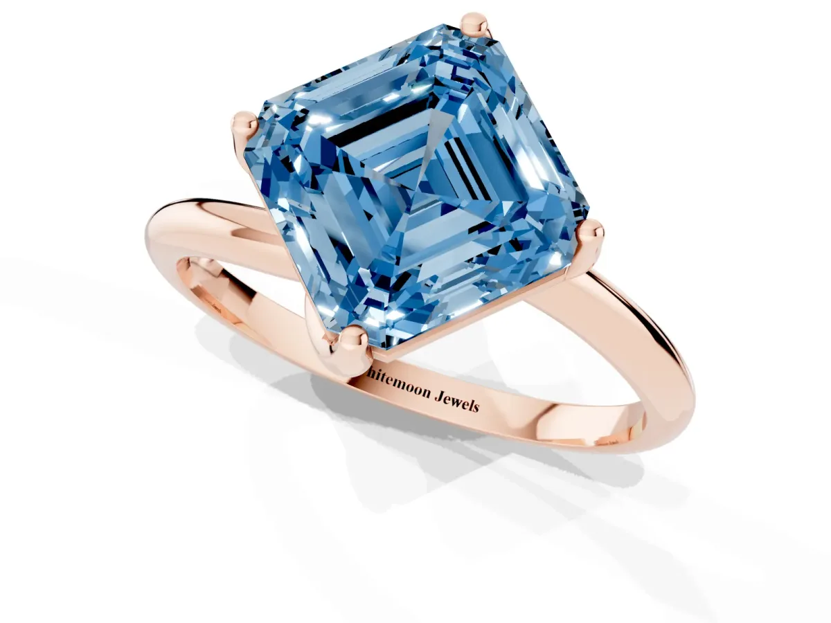 Fancy Blue Asscher Cut Diamond Solitaire Engagement Ring with Four-Prong Setting and Classic Band Rose gold