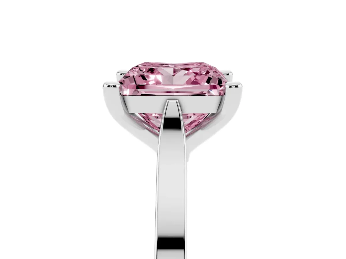 Fancy Pink Princess Cut Solitaire Diamond Ring with Four-Prong Setting and Tapered Band Silver