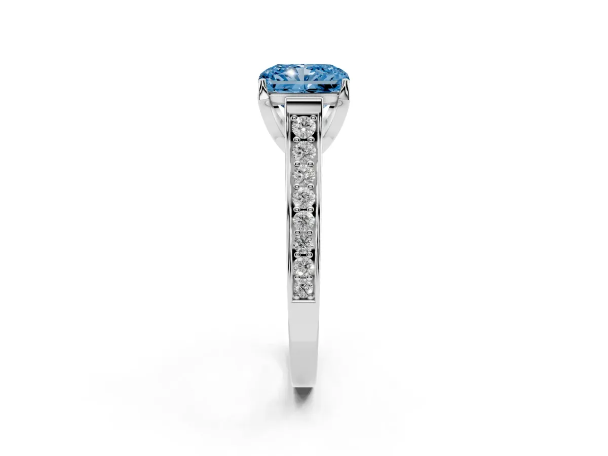 Fancy Blue Radiant Cut Brilliant Cut Diamond Engagement Ring with Pavé Band and Four-Prong Setting White gold