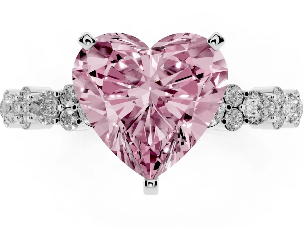 Fancy Pink Heart Cut Diamond Side Stone Solitaire Ring with Round and Four-Prong Setting Platinum