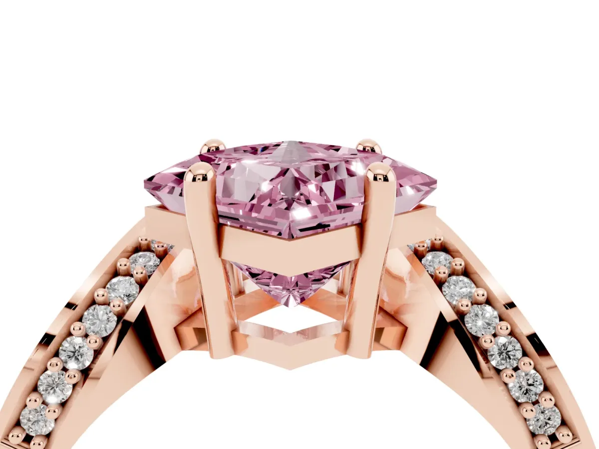Fancy Pink Princess Cut Solitaire Diamond Engagement Ring with Pave Band and Four-Prong Setting Rose gold