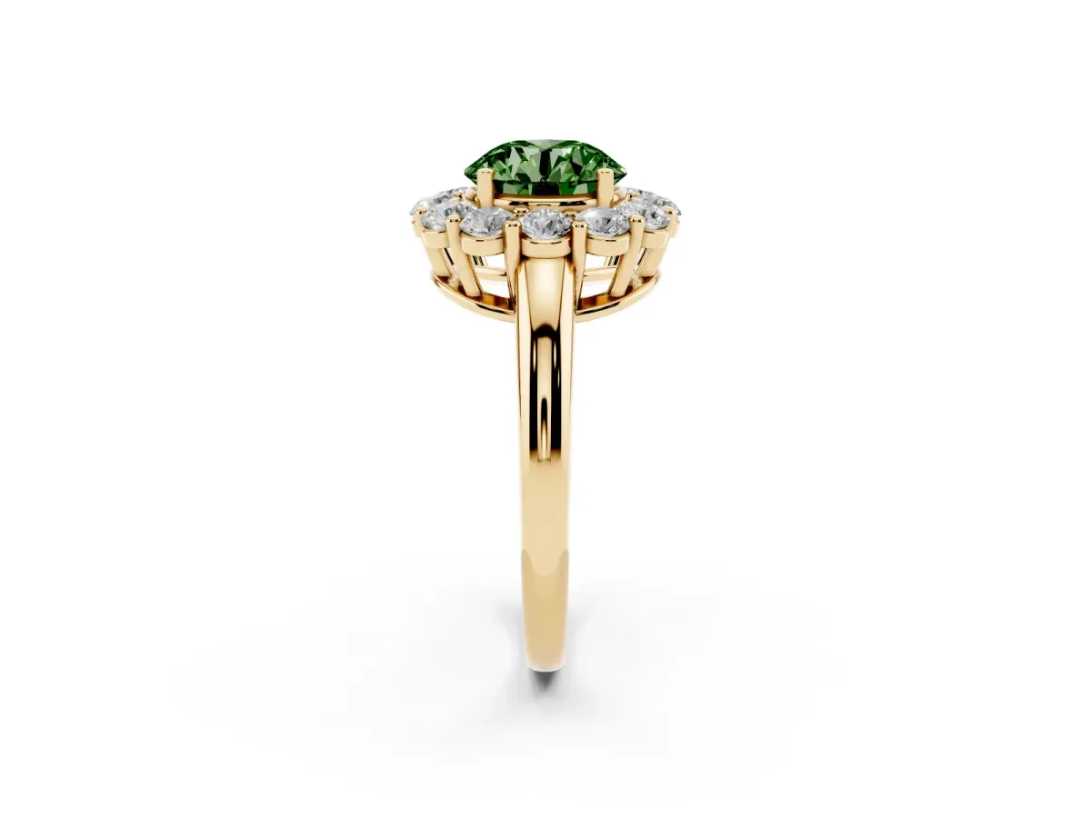 Fancy Green Round Cut Halo Cluster Diamond Engagement Ring with Prong Setting and Polished Band Yellow gold