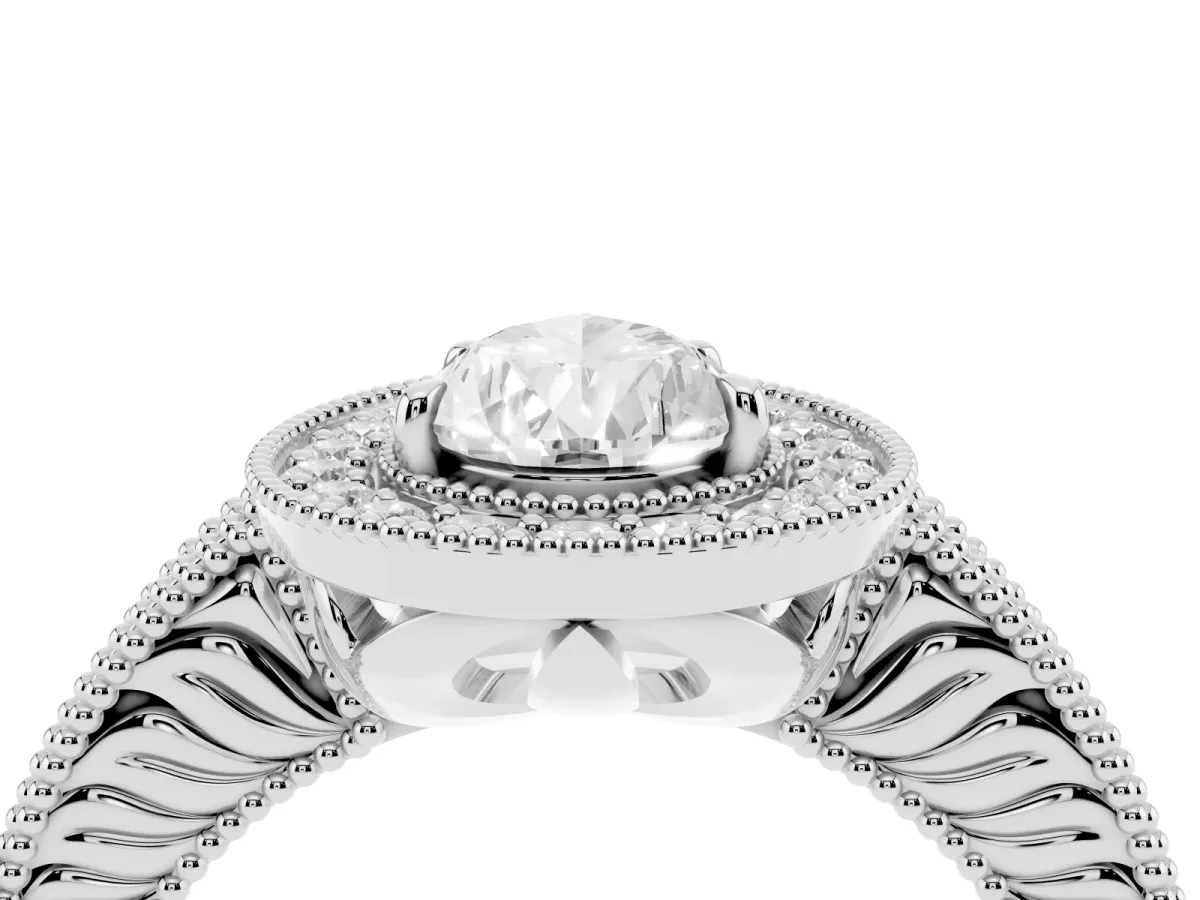 Pear Cut Cut Halo Diamond Ring with Pavé Band and Four-Prong Setting Silver