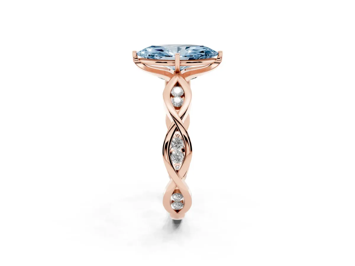 Fancy Blue Marquise Cut Solitaire Twist Band with Leaf Prong Setting Rose gold