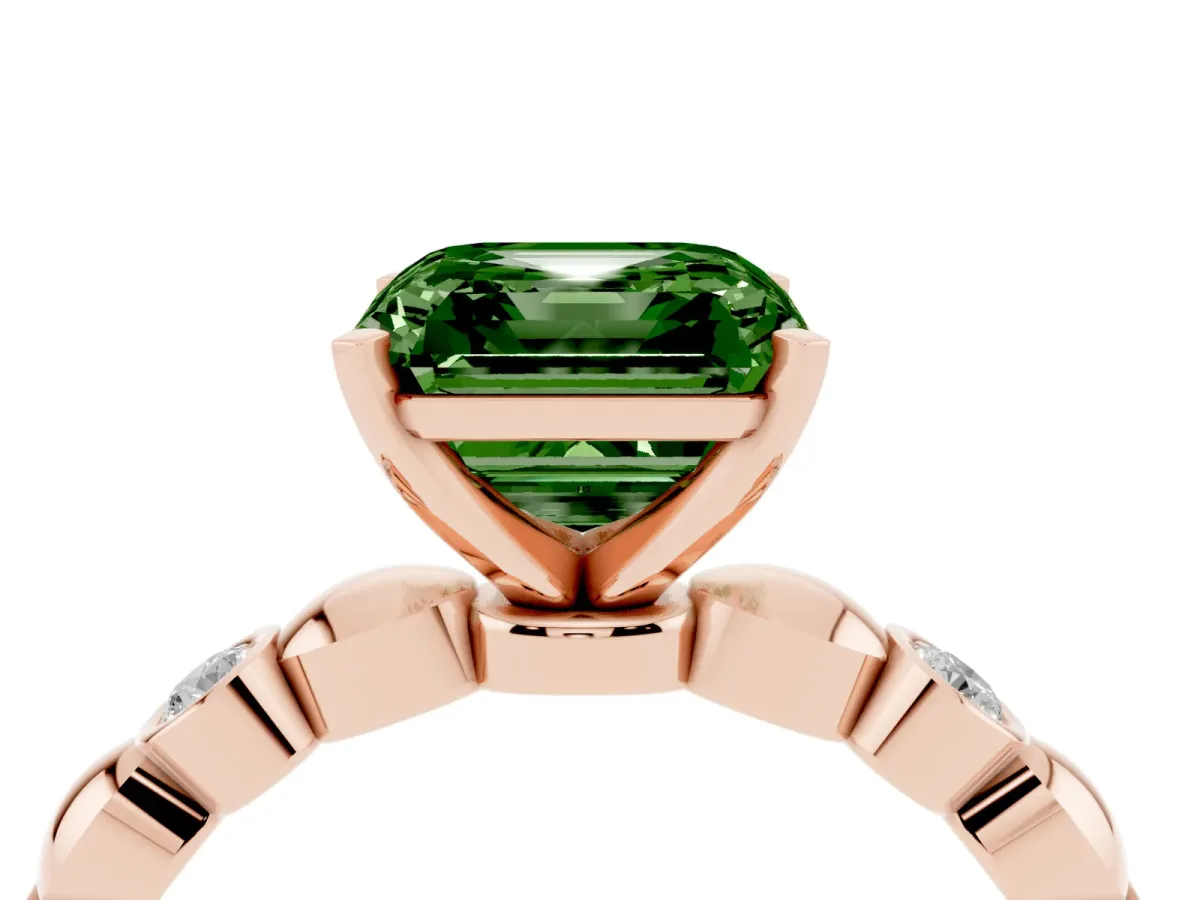 Fancy Green Asscher Cut Solitaire Bezel-Set Diamond Ring with Beaded Band and Four-Prong Setting Rose gold