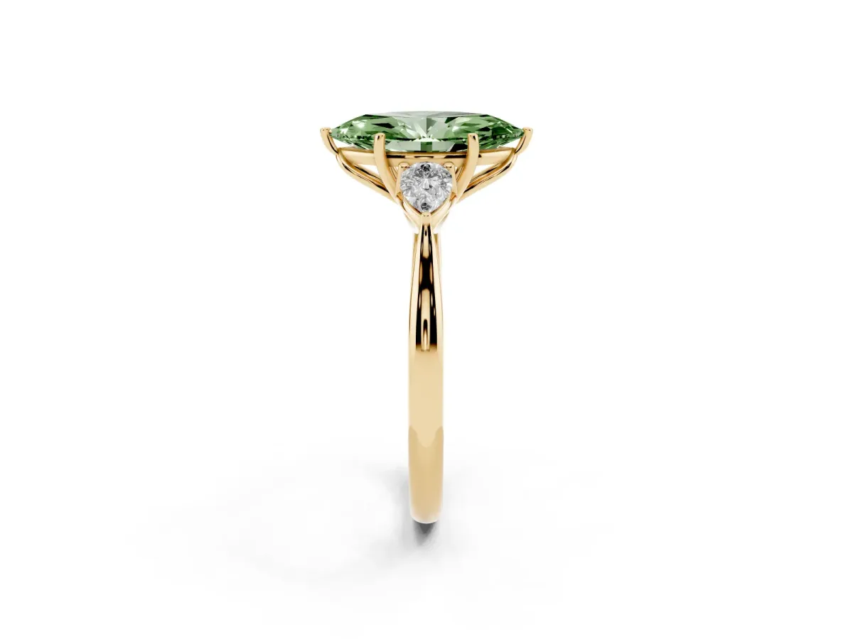 Fancy Green Marquise Cut Diamond Three-Stone Ring with Pear Side Stones and Prong Setting Yellow gold