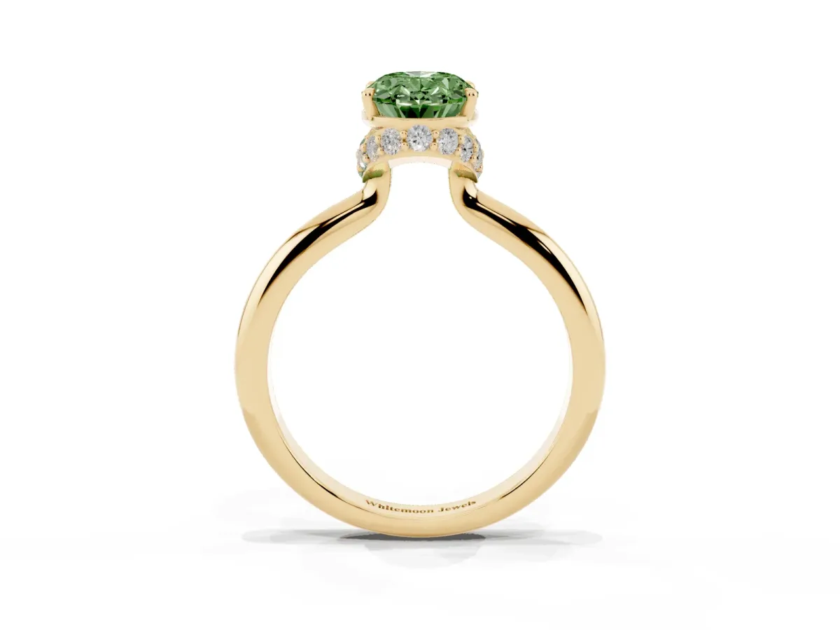 Fancy Green Oval Cut Brilliant Solitaire Engagement Ring with Six-Prong Setting and Classic Band Yellow gold