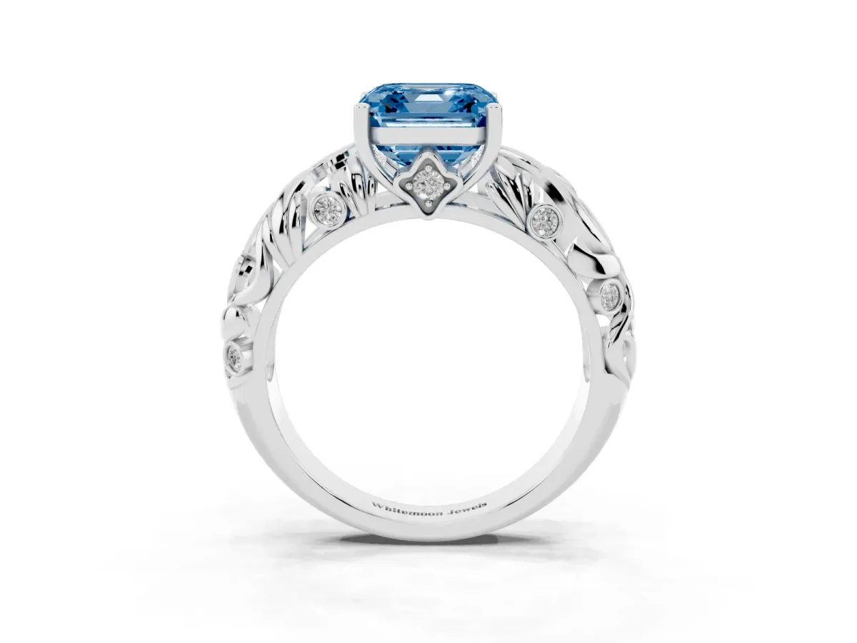 Fancy Blue Asscher Cut Solitaire Diamond Leaf-Inspired Vine Band Ring with Prong Setting Platinum