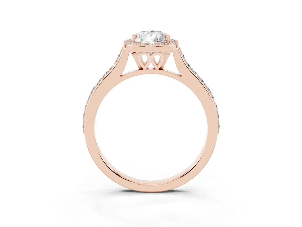 Pear Cut Diamond Halo Engagement Ring with Round Pavé Shoulders and Prong Setting Rose gold