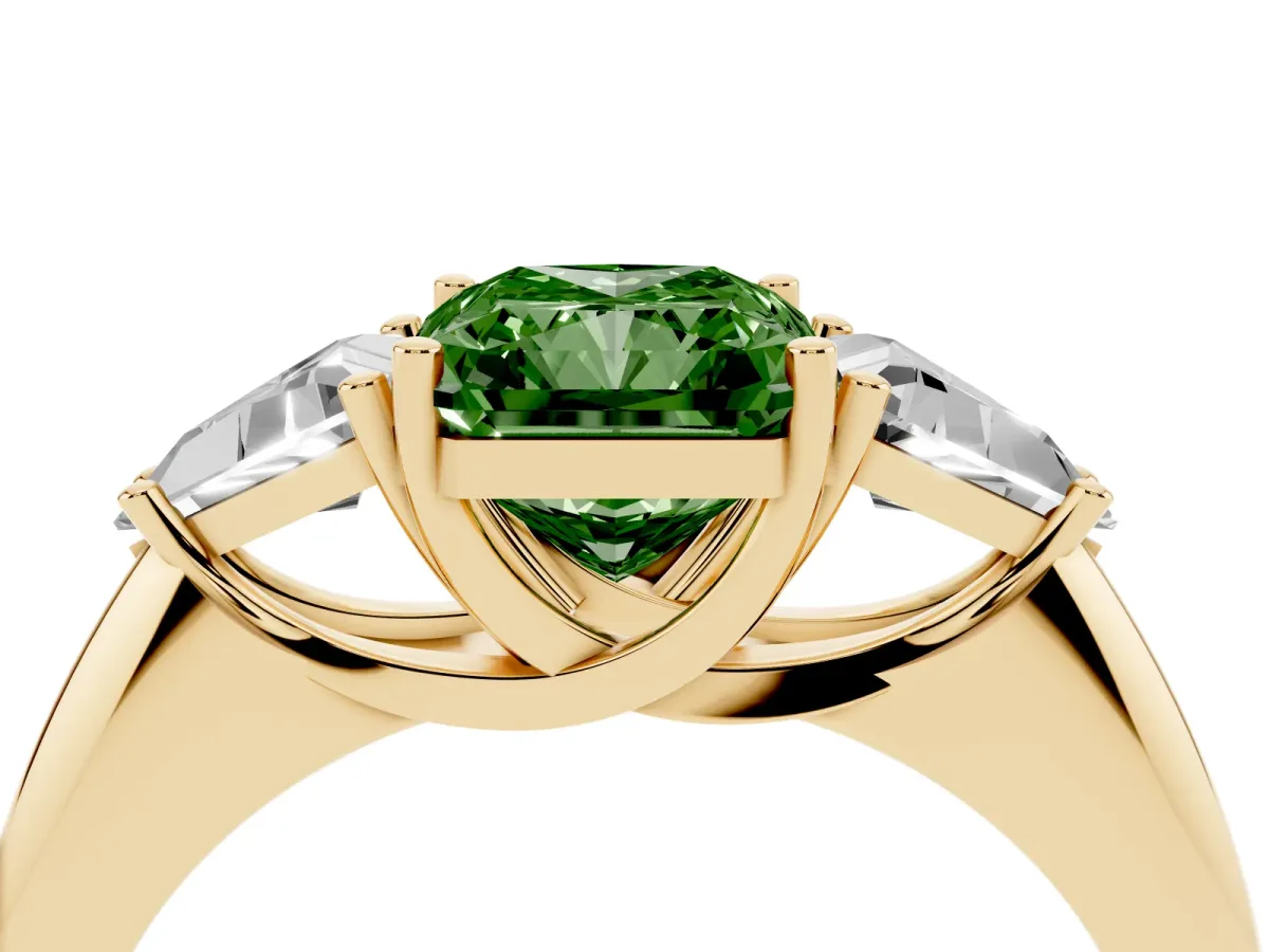 Fancy Green Three-Stone Radiant Cut Diamond Engagement Ring with Trillion Side Stones and Prong Setting Yellow gold