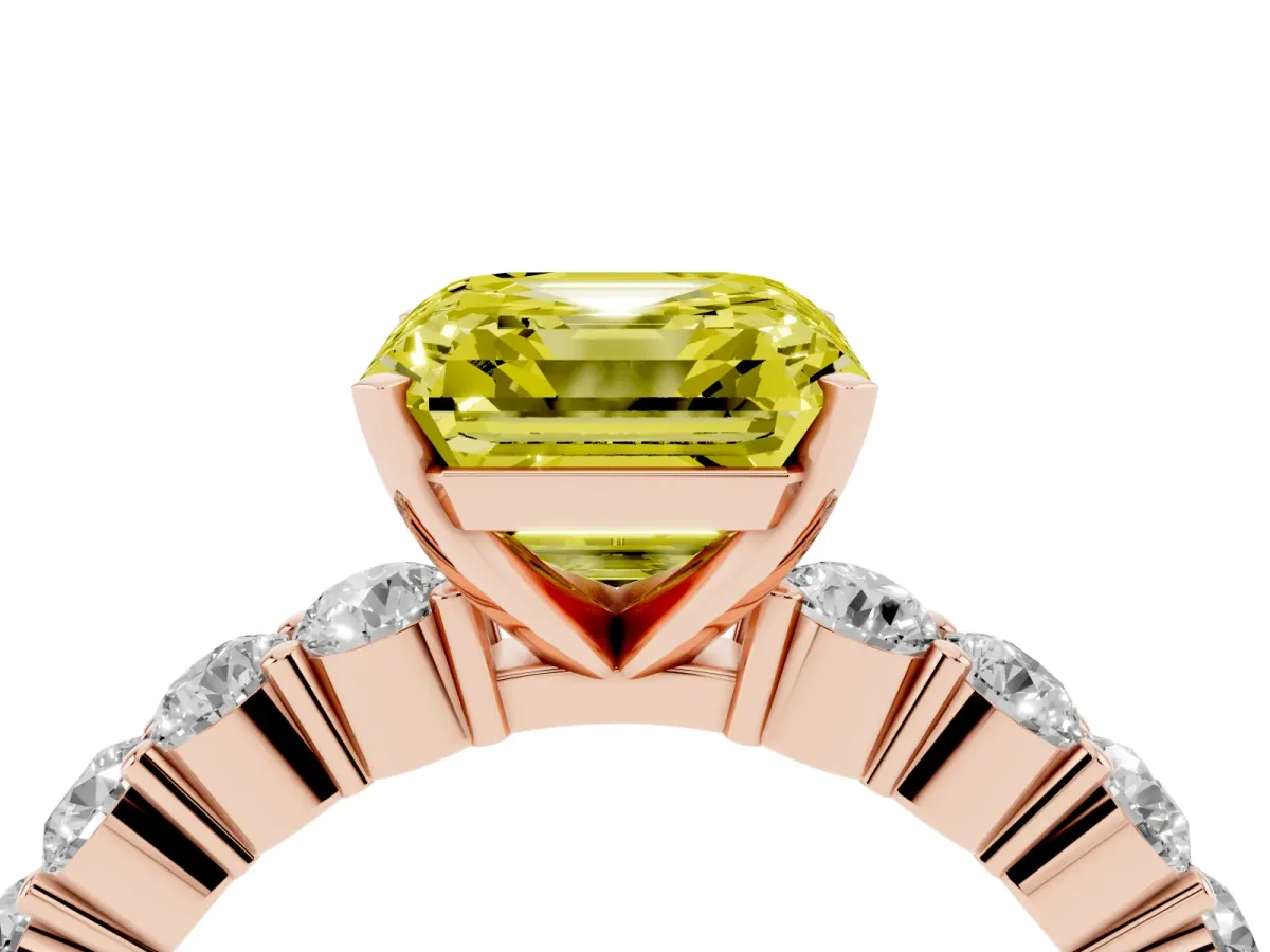 Fancy Yellow Asscher Cut Diamond Solitaire Ring with Shared Prong Round Side Stones Rose gold