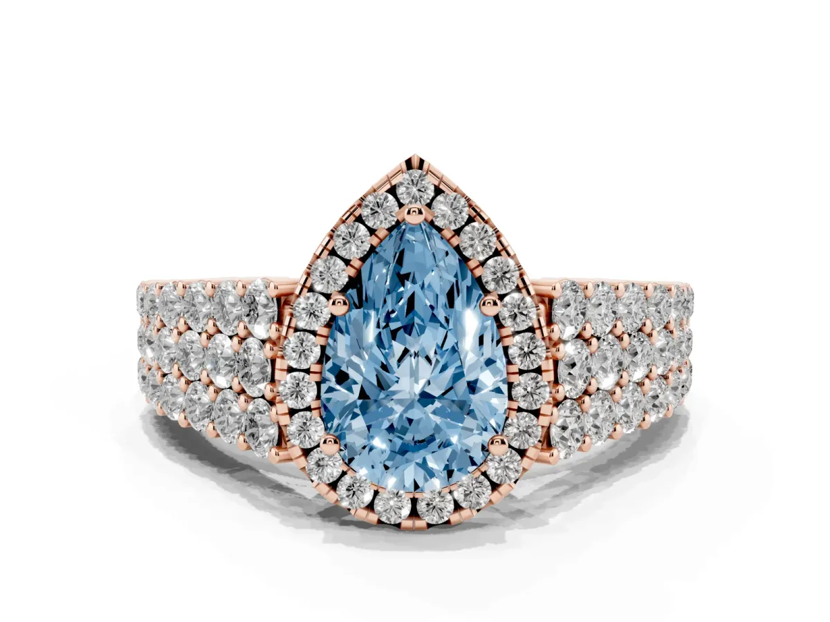 Fancy Blue Pear Cut Diamond Halo Engagement Ring with Triple Row Round Pavé Band and Prong Setting Rose gold