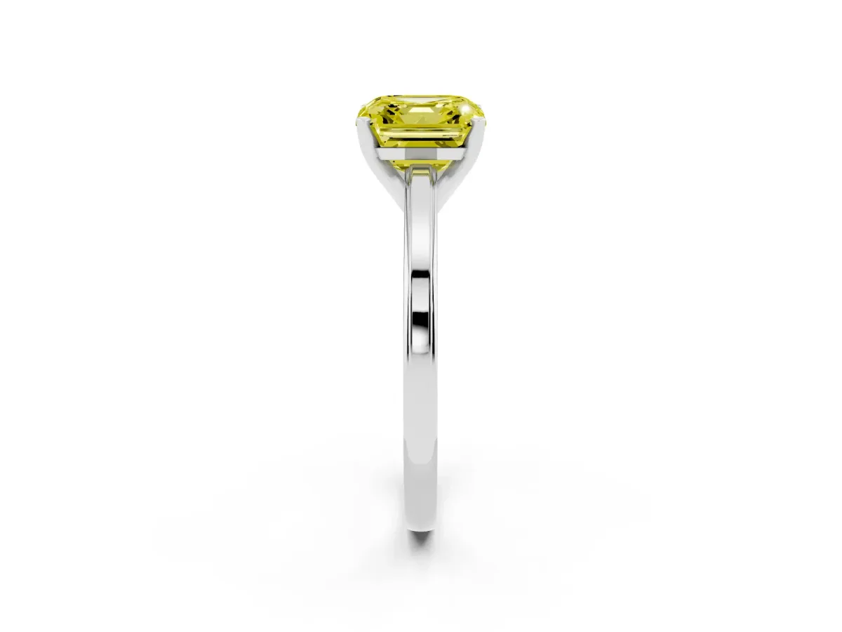 Fancy Yellow Asscher Cut Solitaire Diamond Ring with Four-Prong Setting and Classic Band Platinum
