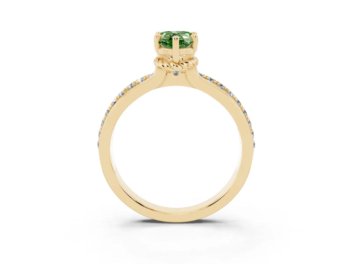 Fancy Green Pear Cut Solitaire Diamond Ring with Channel Set Band and Six-Prong Setting Yellow gold