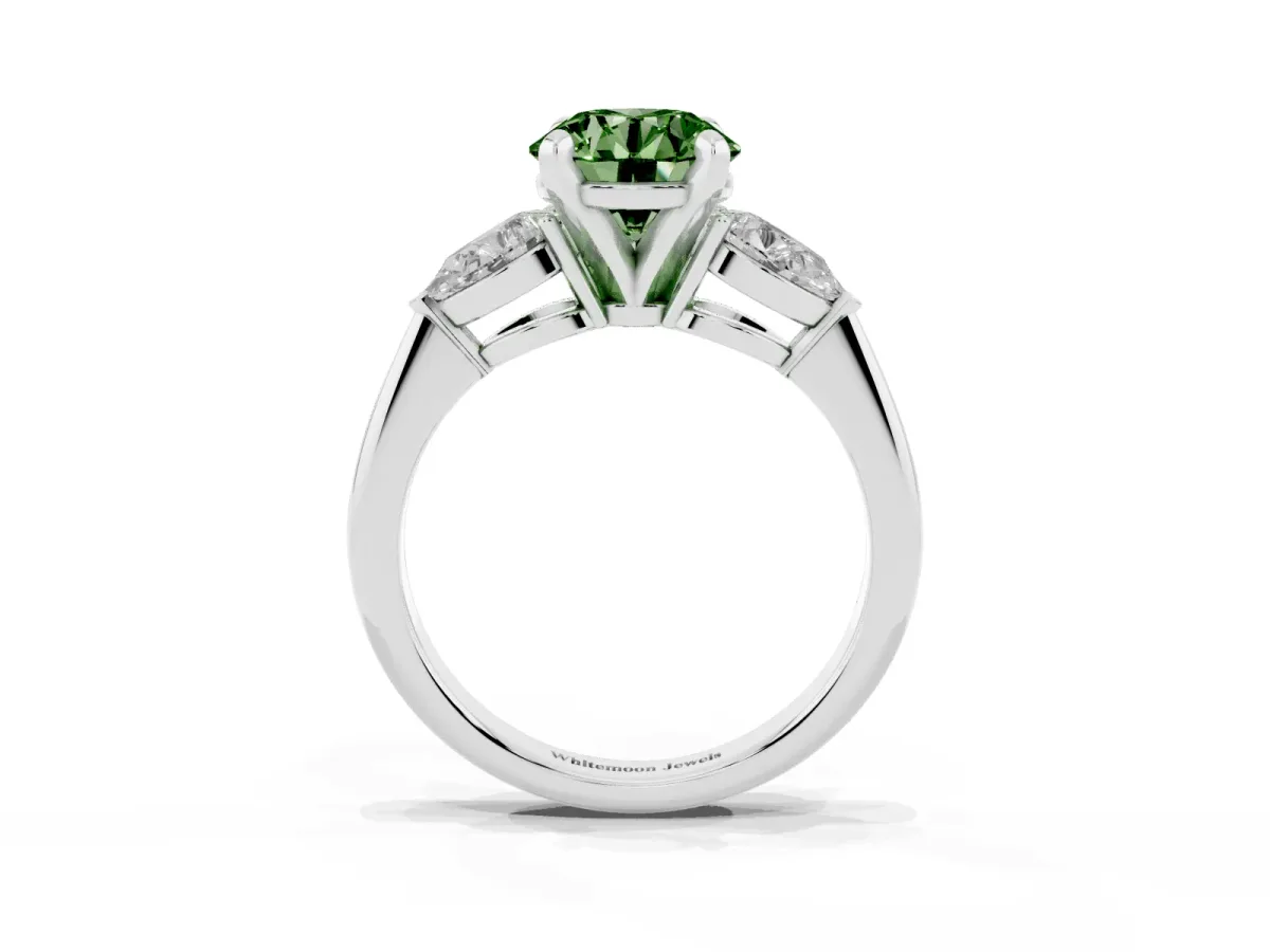 Fancy Green Three-Stone Round Cut Diamond Ring with Pear Side Stones and Four-Prong Setting Platinum