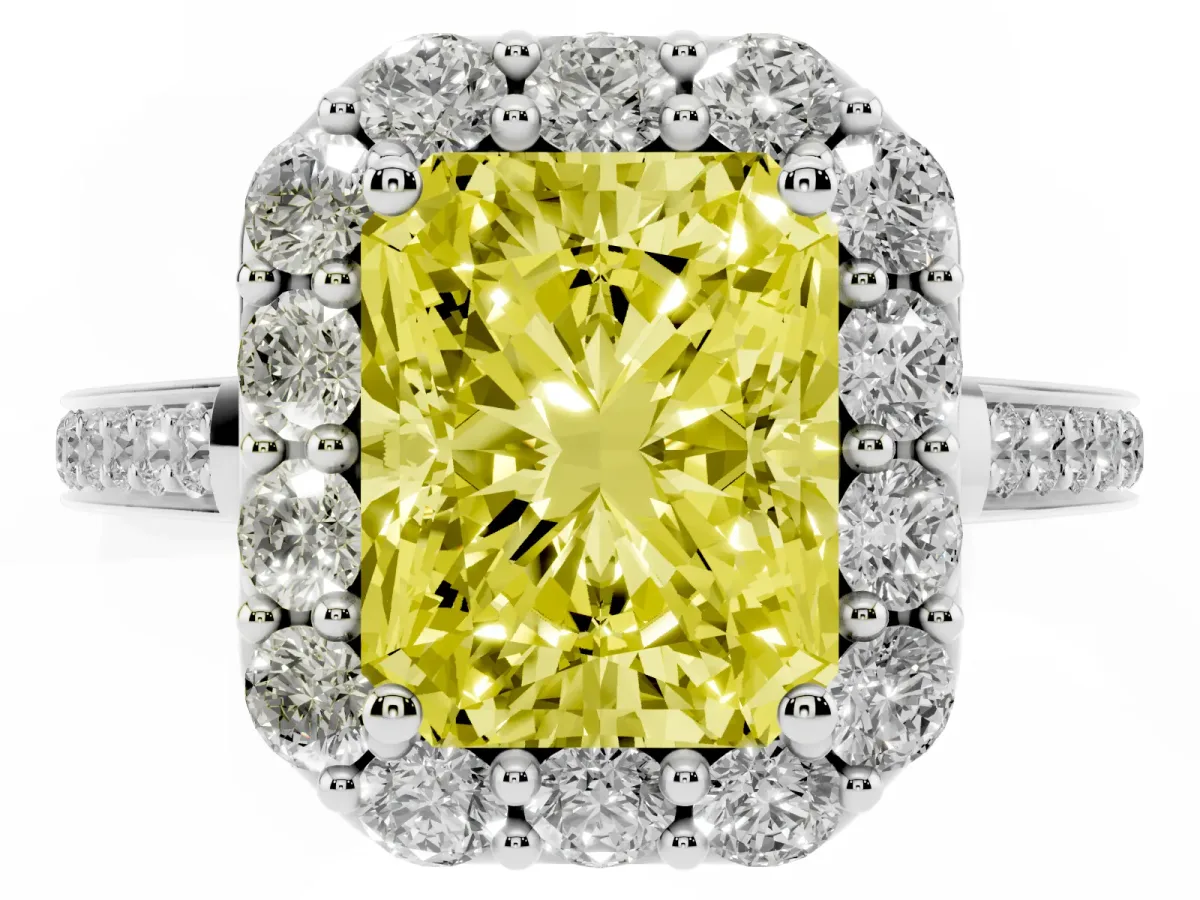 Fancy Yellow Radiant Cut Diamond Floral Halo Ring with Pavé Band and Prong Setting Platinum
