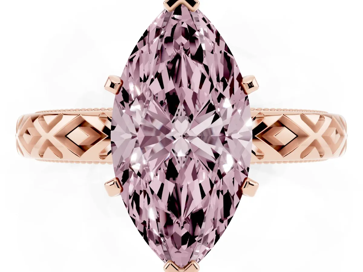 Fancy Pink Marquise Cut Solitaire Diamond Ring with Milgrain and Black Enamel X Pattern Band Rose gold