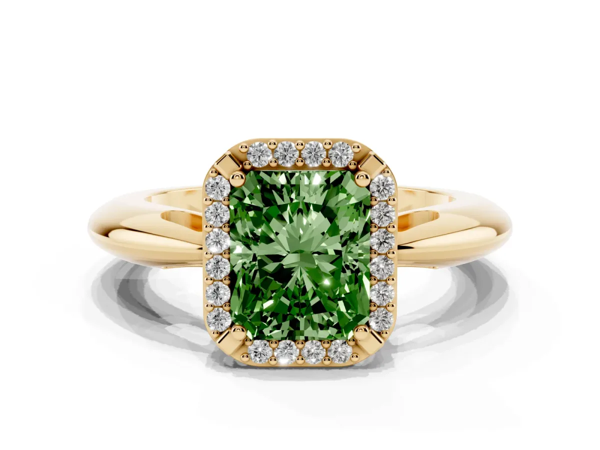 Fancy Green Radiant Cut Cut Diamond Halo Engagement Ring with Split Shank and Four-Prong Setting Yellow gold