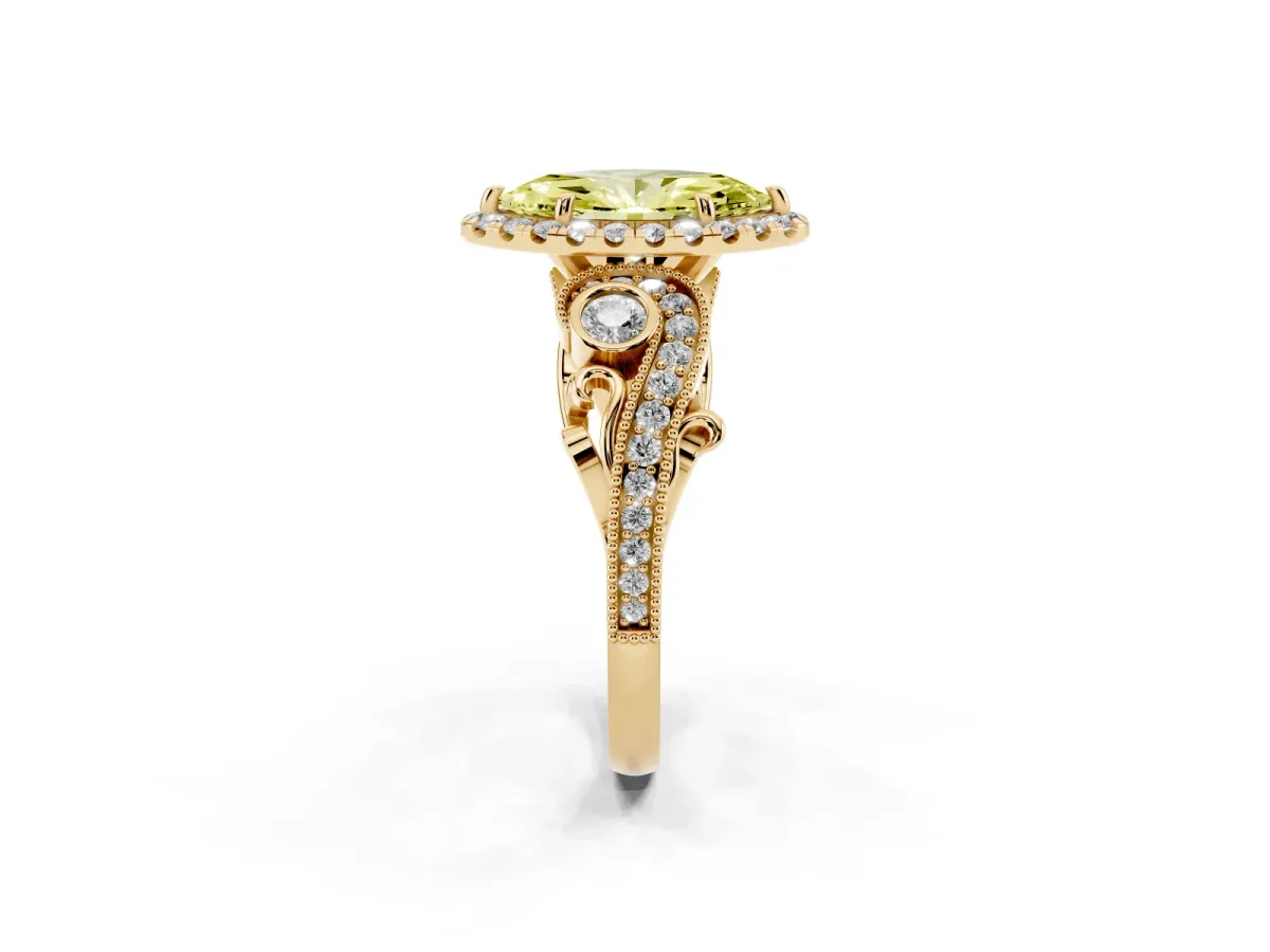 Fancy Yellow Marquise Cut Diamond Halo Ring with Milgrain Pavé Band and Four-Prong Setting Yellow gold