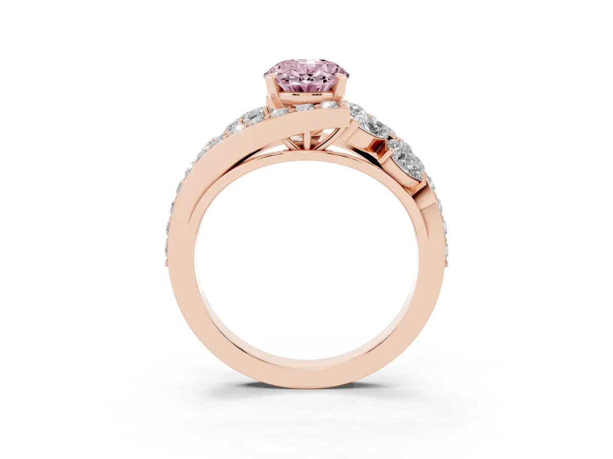 Fancy Pink Oval Cut Diamond Halo Ring with Marquise and Pavé Band in Prong Setting Rose gold