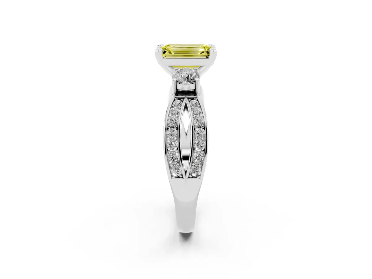 Fancy Yellow Three-Stone Emerald Cut Cut Diamond Twist Band with Prong Setting Platinum