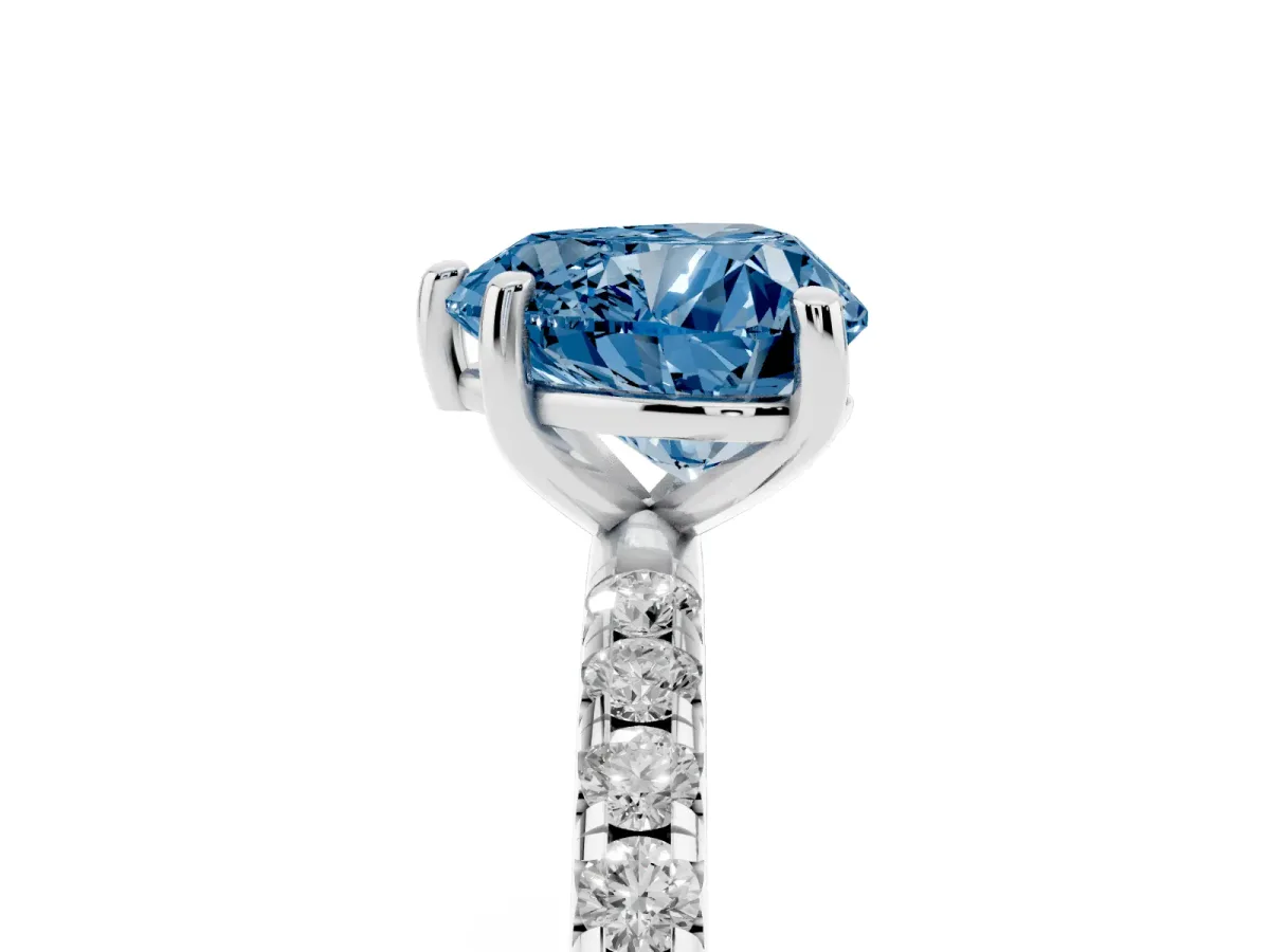 Fancy Blue Heart Cut Cut Diamond Solitaire Ring with Micro Pave Band and Four Prong Setting Silver