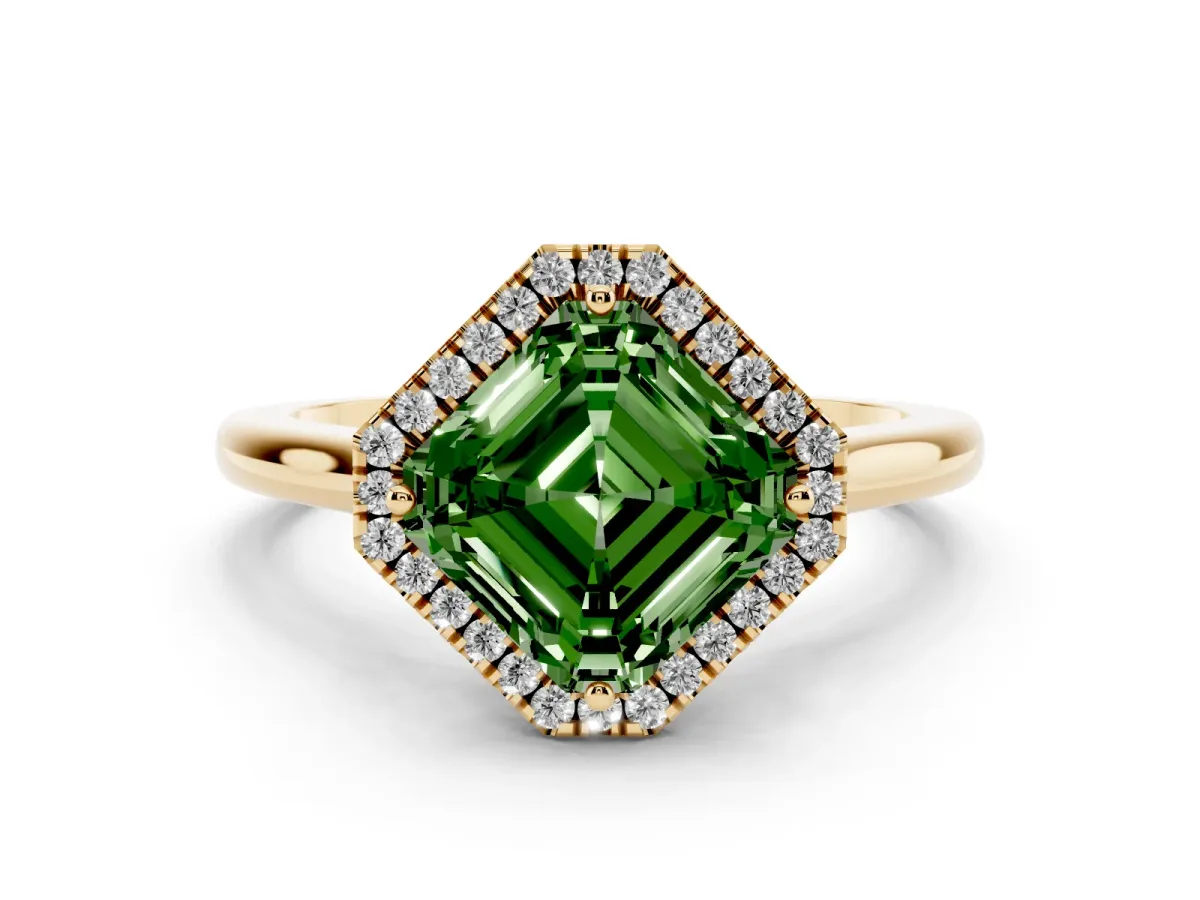 Fancy Green Asscher Cut Halo Round Diamond Solitaire Engagement Ring with Pave Band and Four-Prong Setting Yellow gold