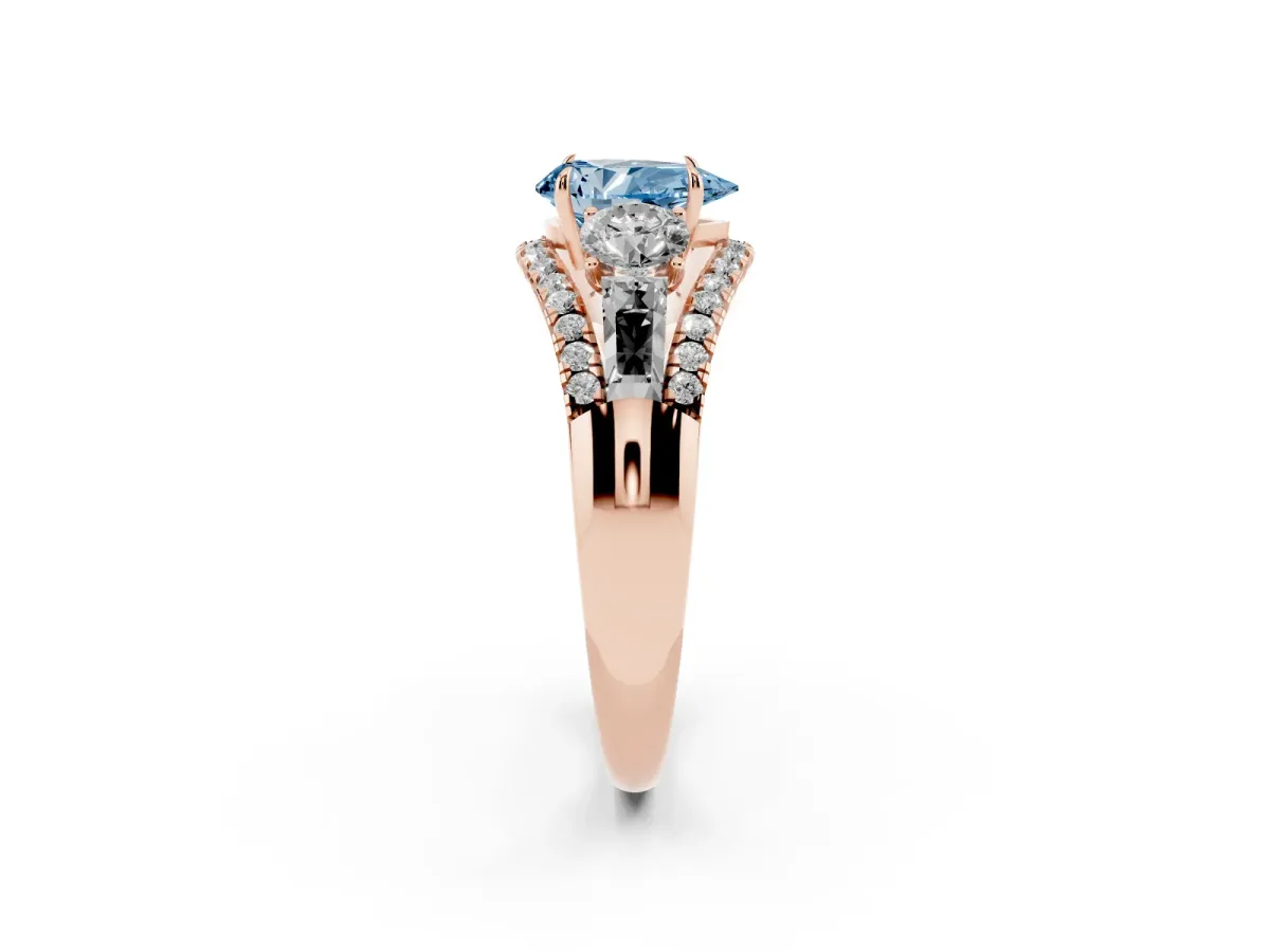 Fancy Blue Three-Stone Pear Cut Diamond Engagement Ring with Pave Band and Prong Setting Rose gold