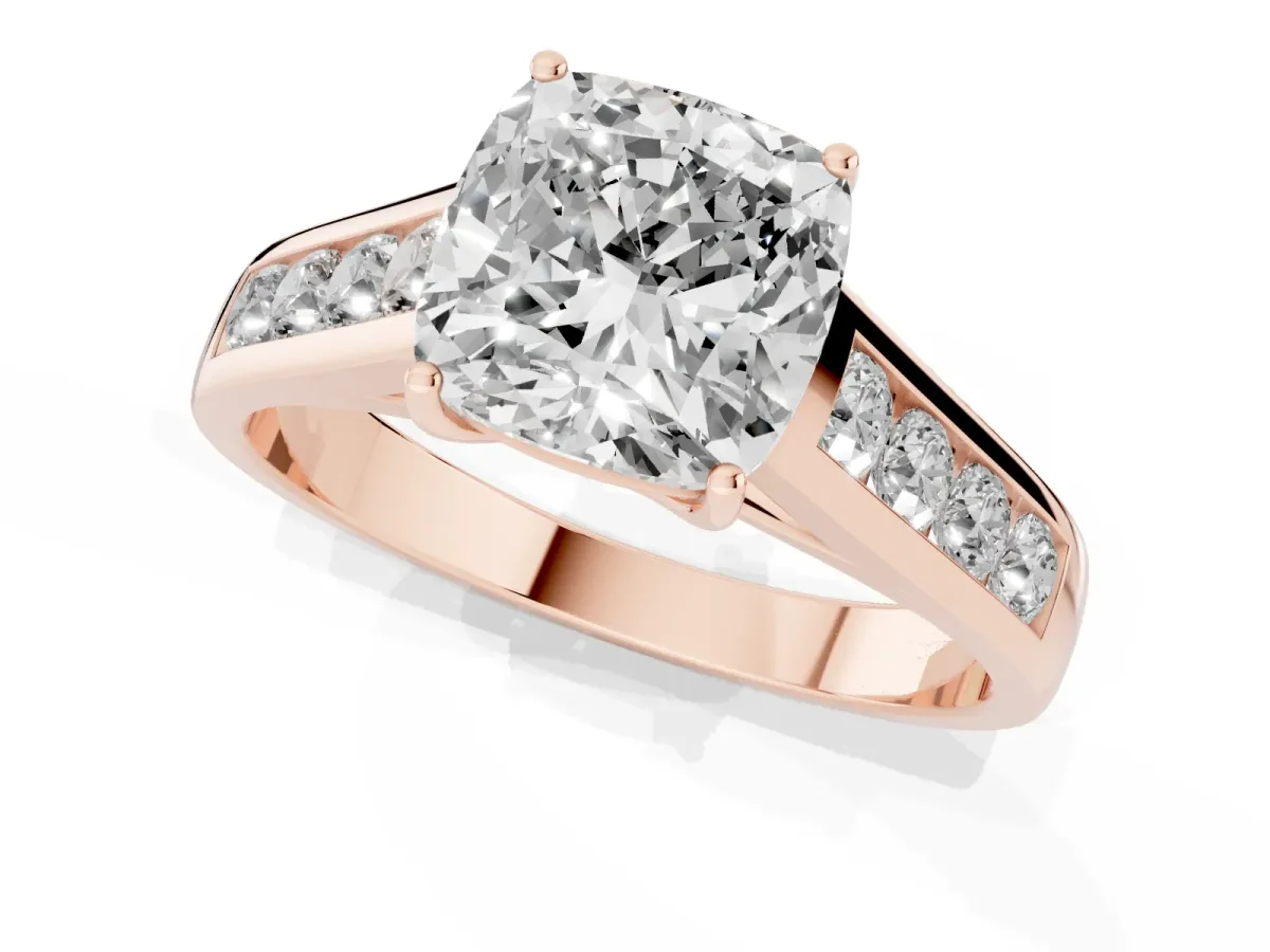 Cushion Cut Brilliant Channel-Set Solitaire Ring with Four-Prong Setting Rose gold