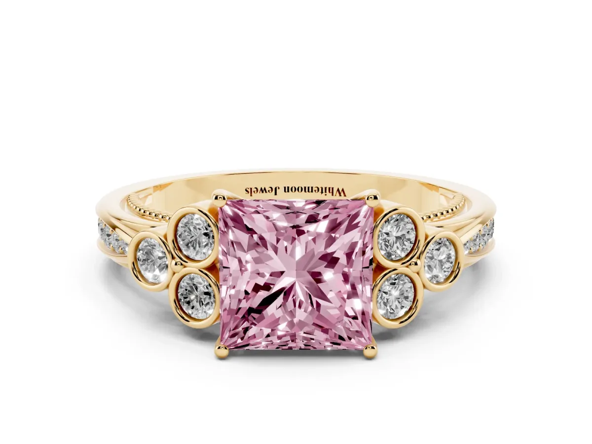 Fancy Pink Princess Cut Cut Diamond Engagement Ring with Bezel Set Round Side Stones and Prong Setting Yellow gold