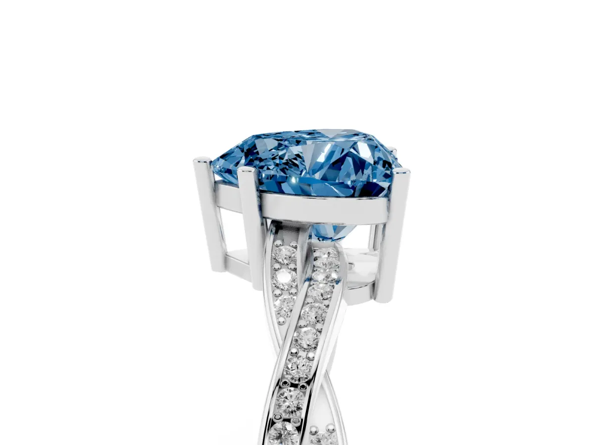 Fancy Blue Heart Cut Solitaire Twisted Pave Diamond Ring with Four-Prong Setting Silver