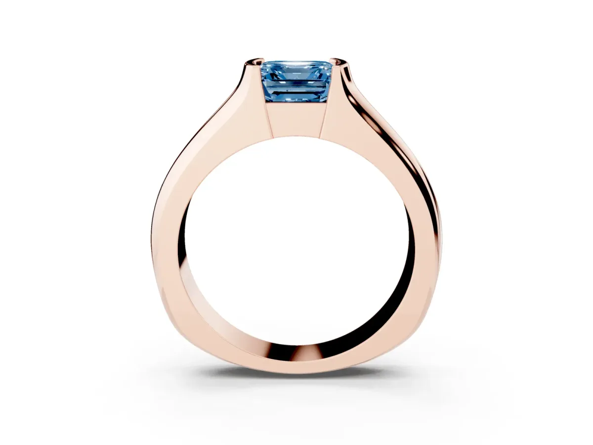 Fancy Blue Asscher Cut Solitaire Bezel Set Diamond Ring with Wide Band Rose gold