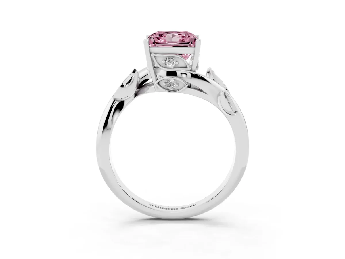 Fancy Pink Princess Cut Solitaire Twist Engagement Ring with Leaf Accents and Prong Setting Silver