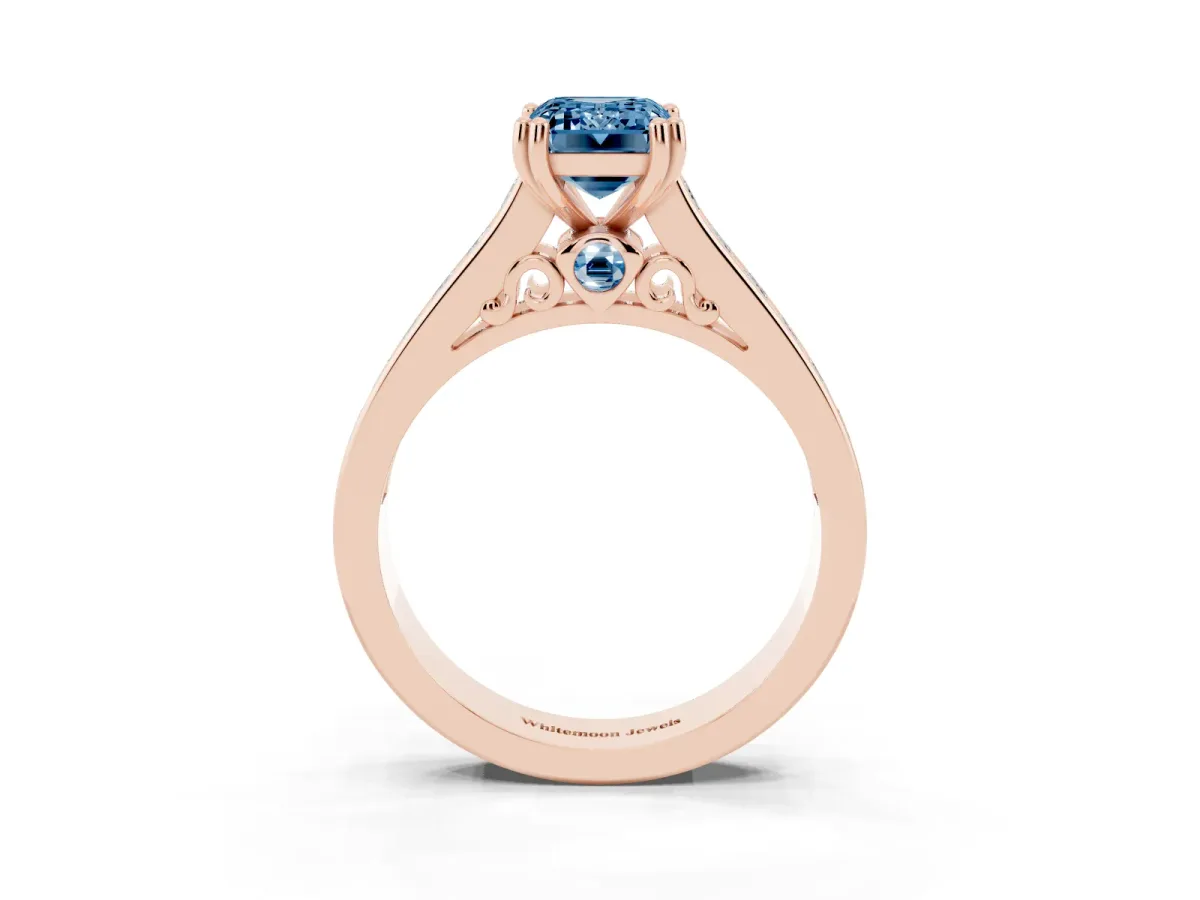 Fancy Blue Emerald Cut Cut Channel Set Solitaire Engagement Ring with Prong Setting Rose gold