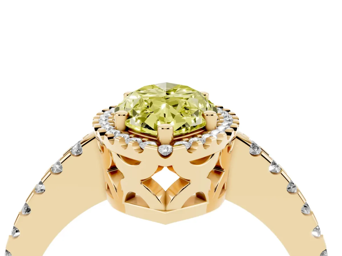 Fancy Yellow Marquise Cut Diamond Halo Engagement Ring with Pavé Band and Prong Setting Yellow gold