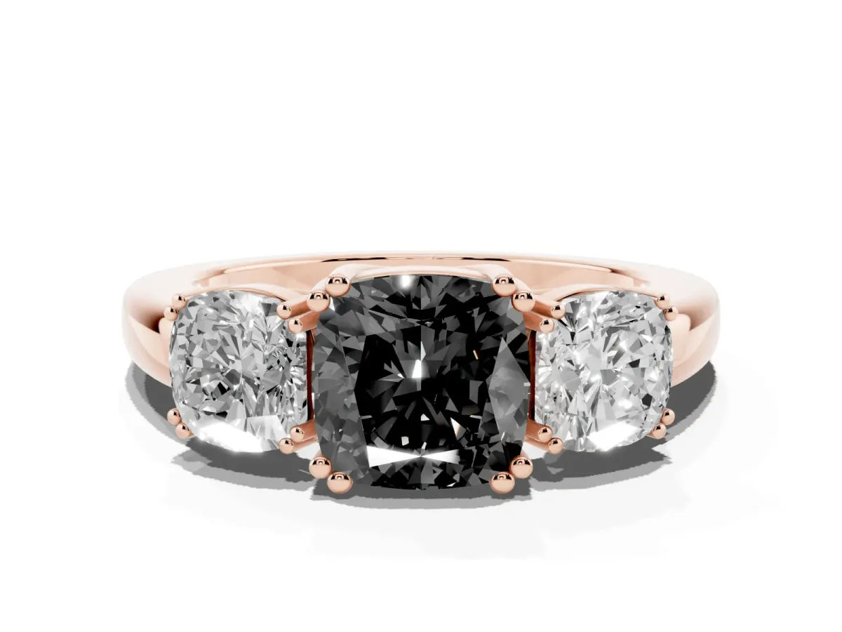 Fancy Black Three-Stone Cushion Cut Cut Diamond Ring with Channel Set Band and Four-Prong Setting Rose gold