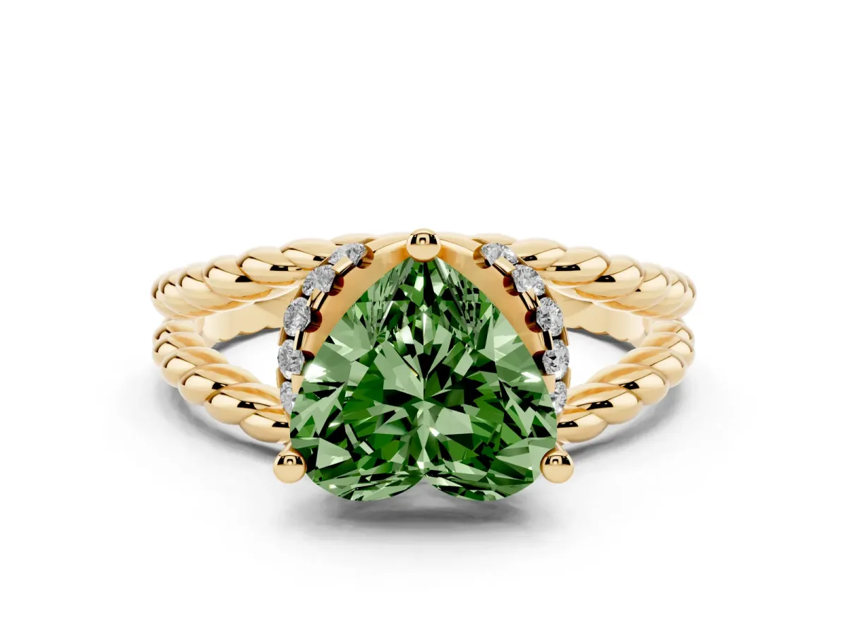 Fancy Green Heart Cut Halo Twisted Band Four-Prong Ring Yellow gold
