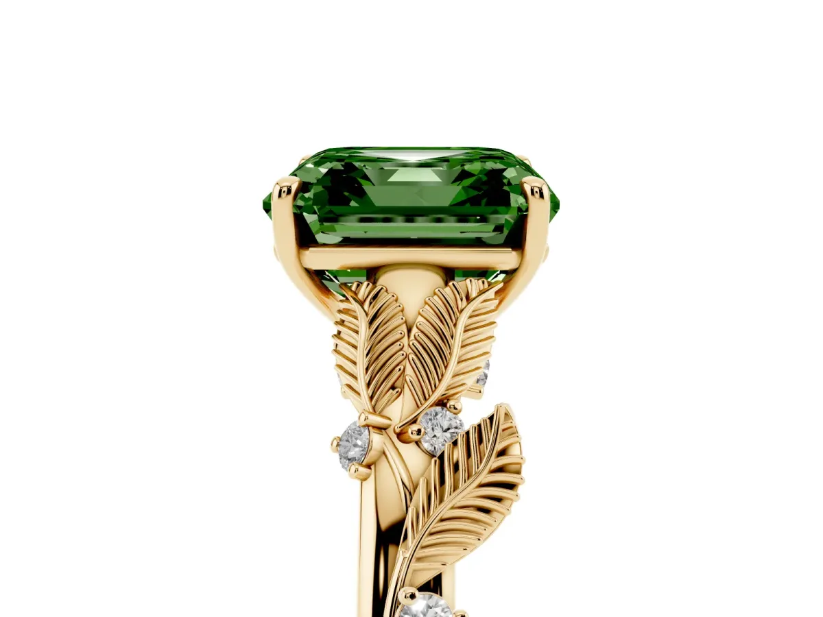 Fancy Green Asscher Cut Diamond Solitaire Ring with Leaf Motif Band and Four-Prong Setting Yellow gold